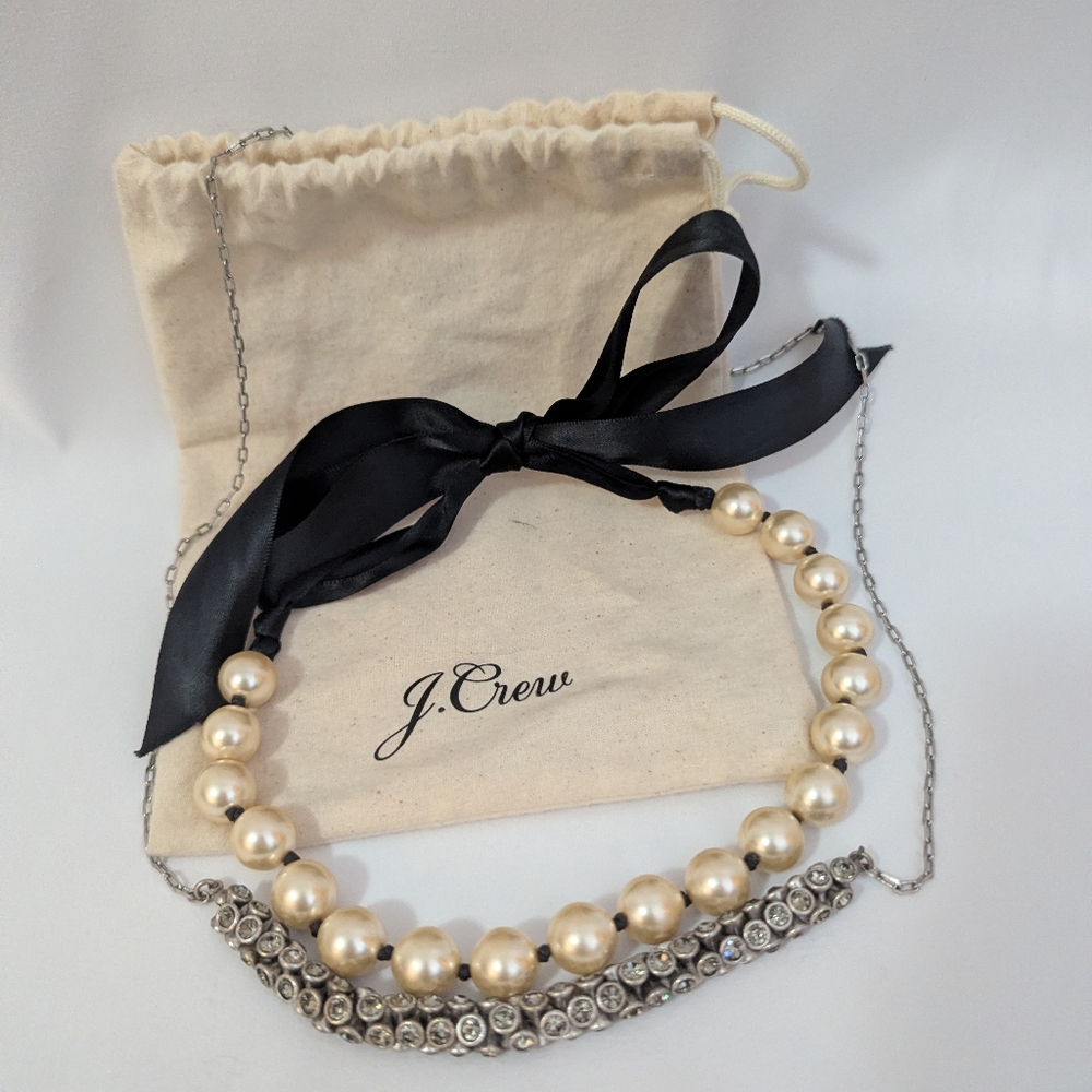 J.Crew Pearl Necklace with Black Ribbon And J.Crew Silver And Crystal Necklace